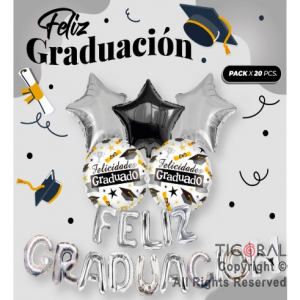 SET DE GLOBOS METALIZADO FELIZ GRADUACION PLATA 20 UNIDADES X 1